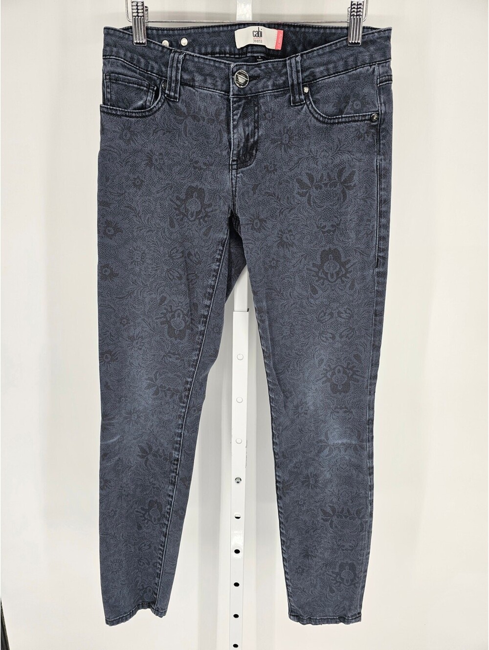 Cabi Skinny Jeans Womens 4 Curvy Mid Rise Stretchy Denim Lace Print Navy Blue
